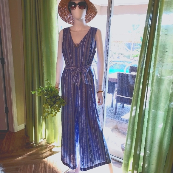 Calvin Klein Pants - Calvin Klein Striped Linen & Rayon Jumpsuit in a Denim Blue & White.